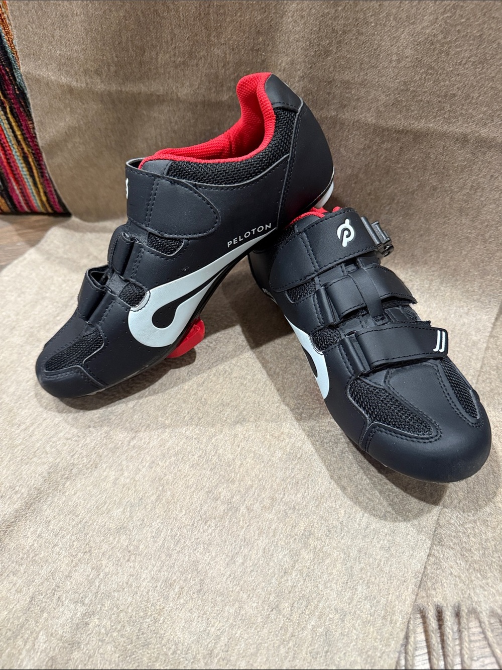 Peloton Black Cycling Shoes with White Accents and Red Lining